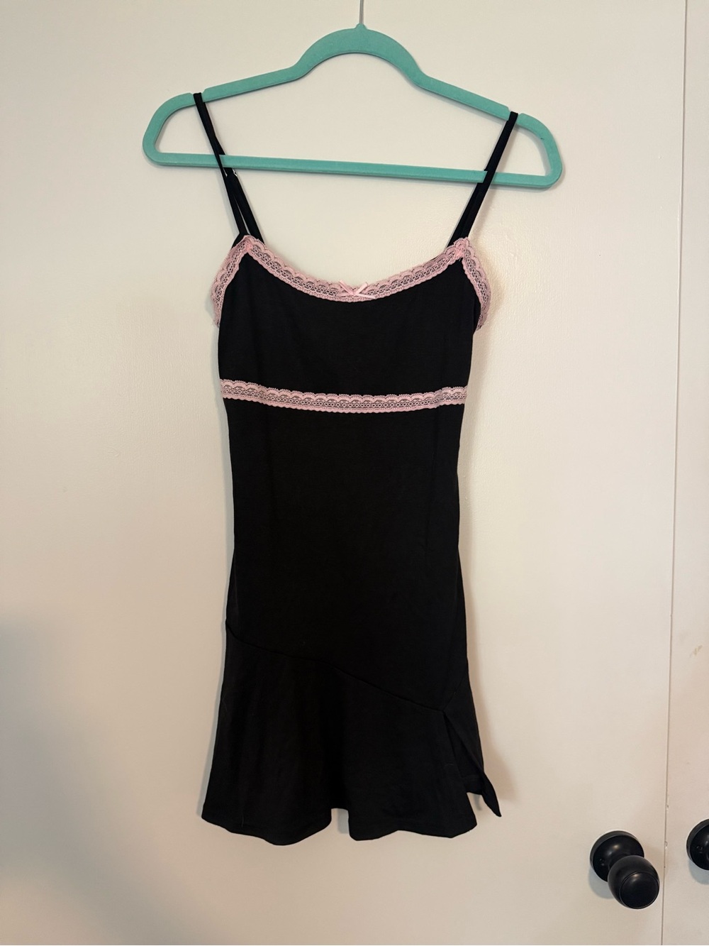 White Fox Boutique Black Mini Dress with Pink Lace Trim